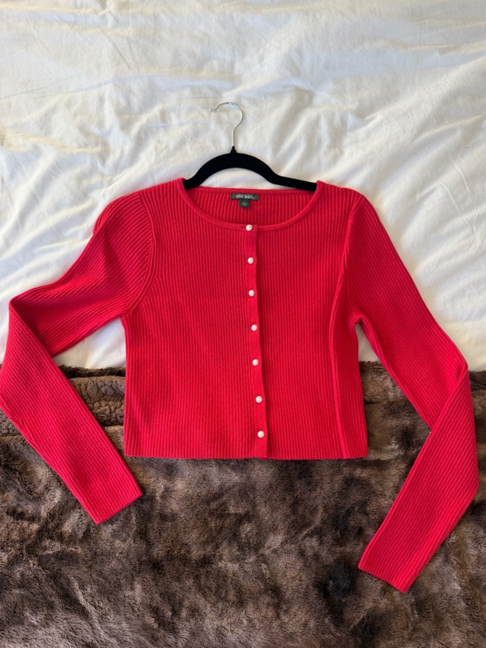 wild fable Red Ribbed Button-Up Crop Cardigan